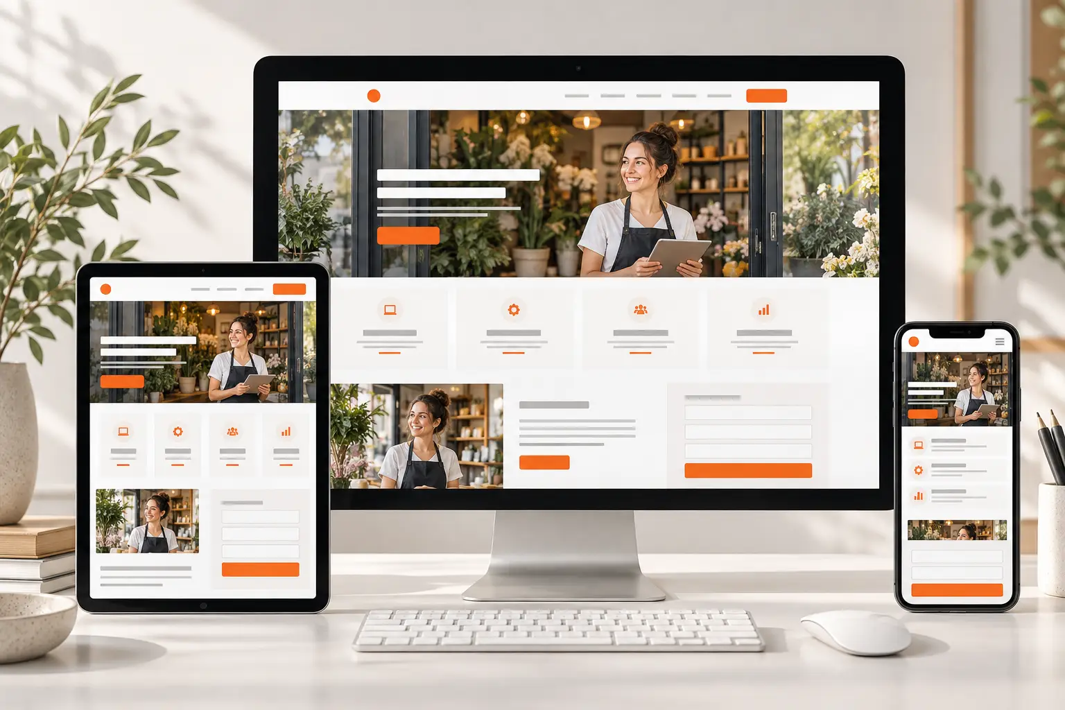 Business website with service sections and enquiry form across three devices