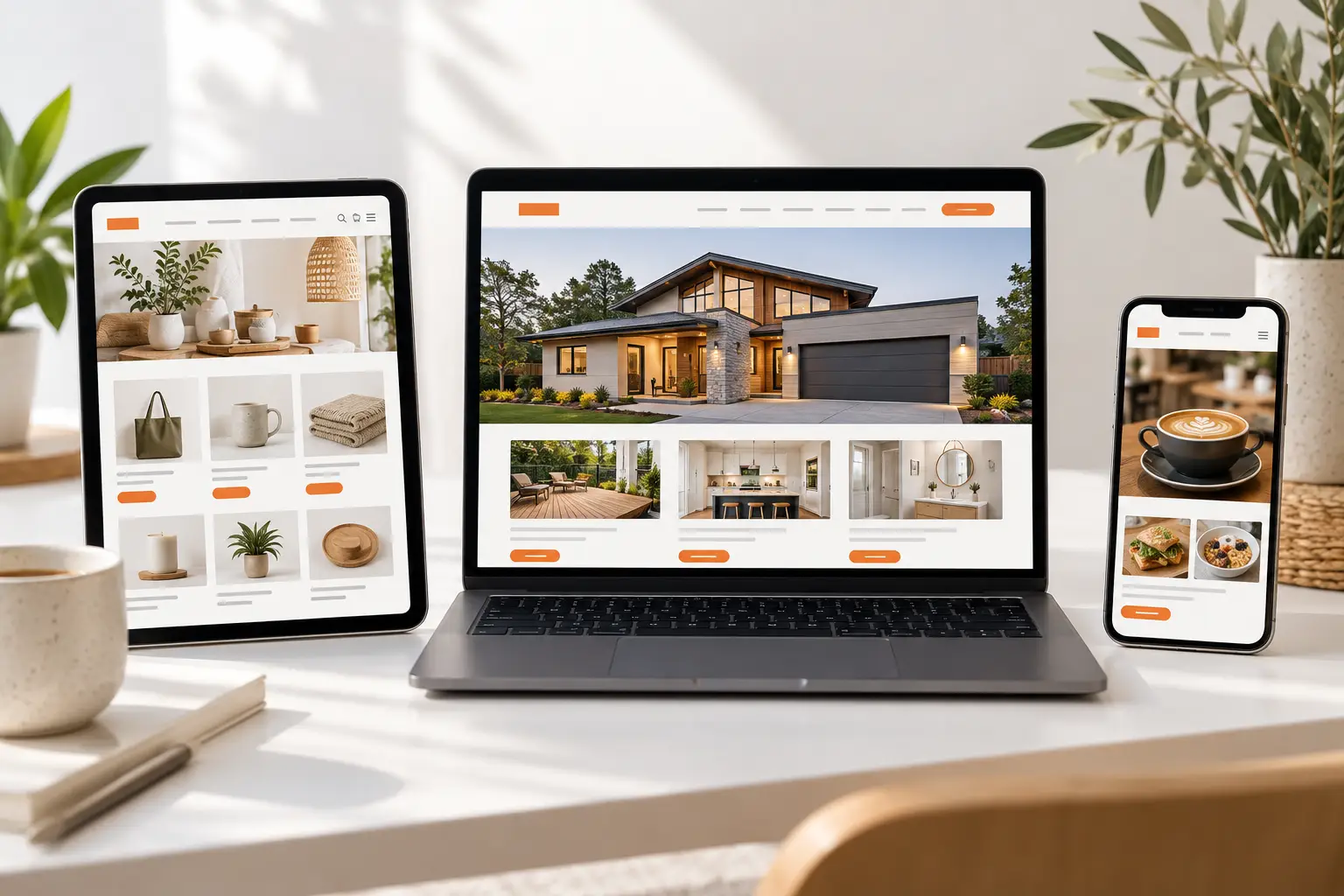 Builder, retailer and café website concepts across different devices