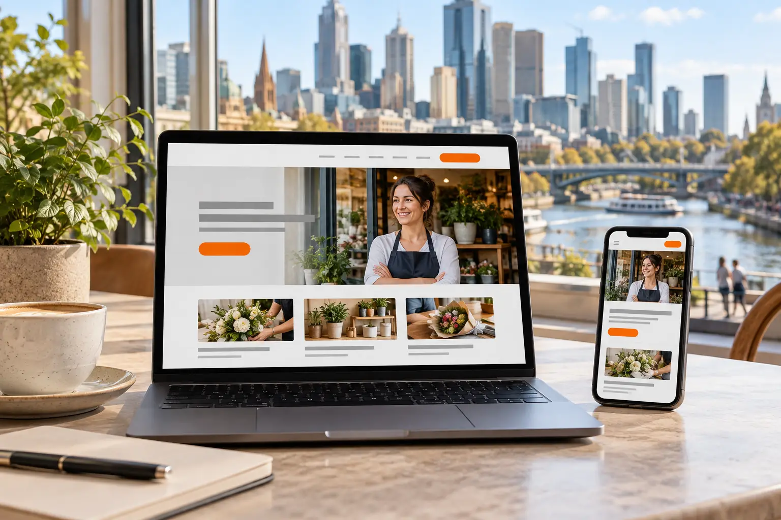 Business website displayed on devices overlooking Melbourne’s skyline