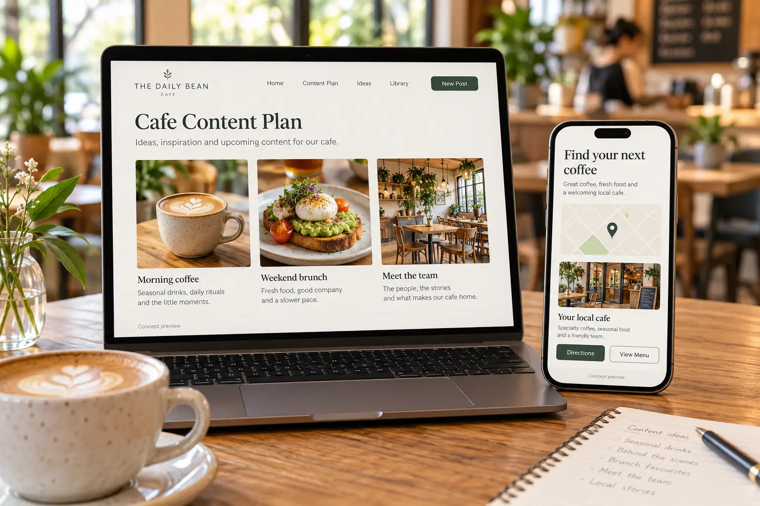 Café digital marketing concept showing a content plan and mobile café listing with directions