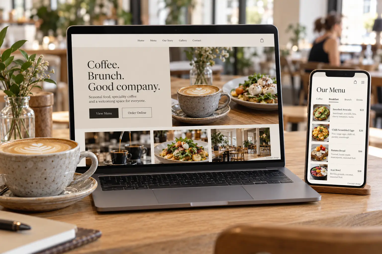 Café website design concept showing a desktop homepage and mobile food menu