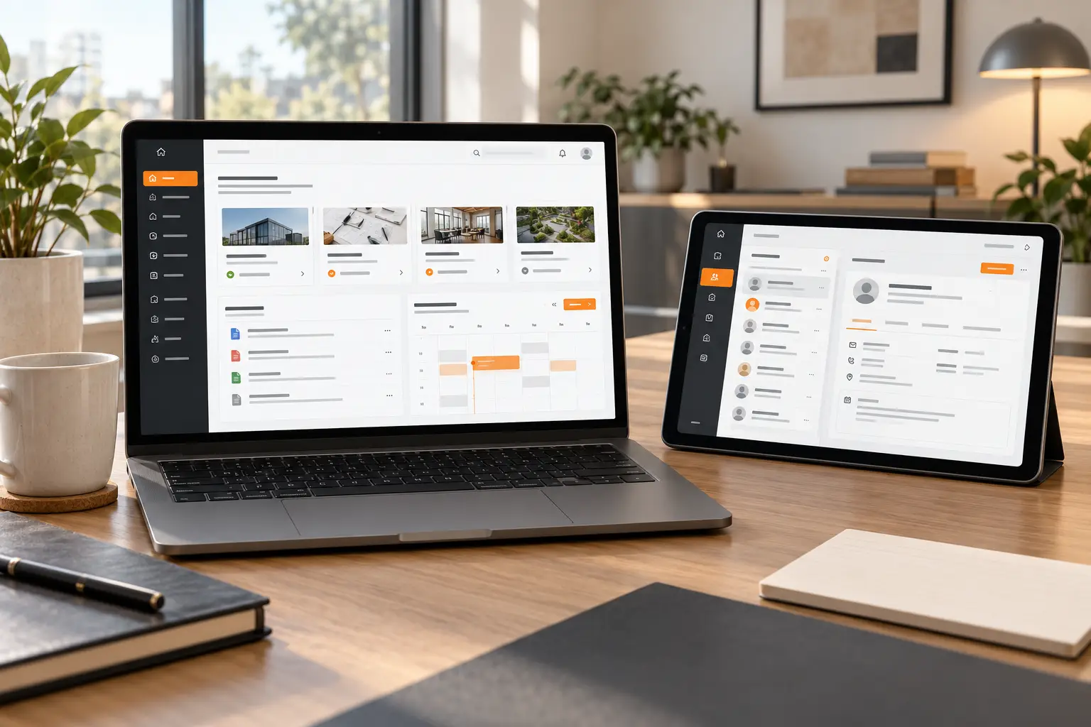 Corporate client portal and CRM interface displayed on laptop and tablet