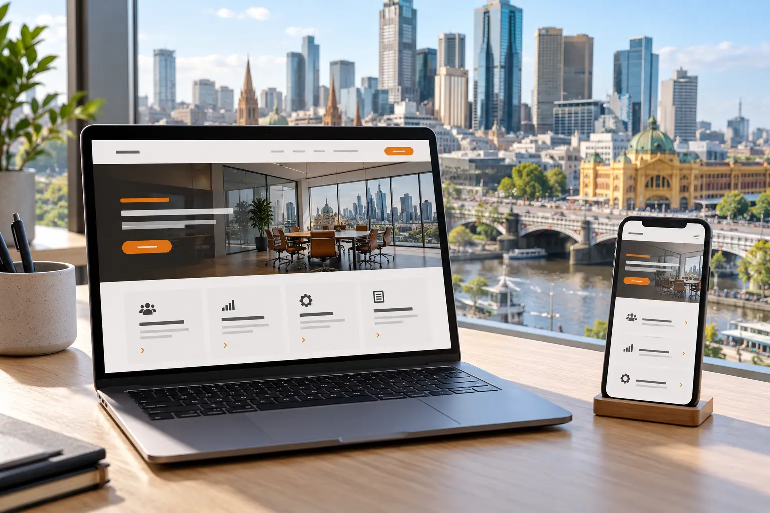 Business website displayed on devices overlooking Melbourne’s skyline