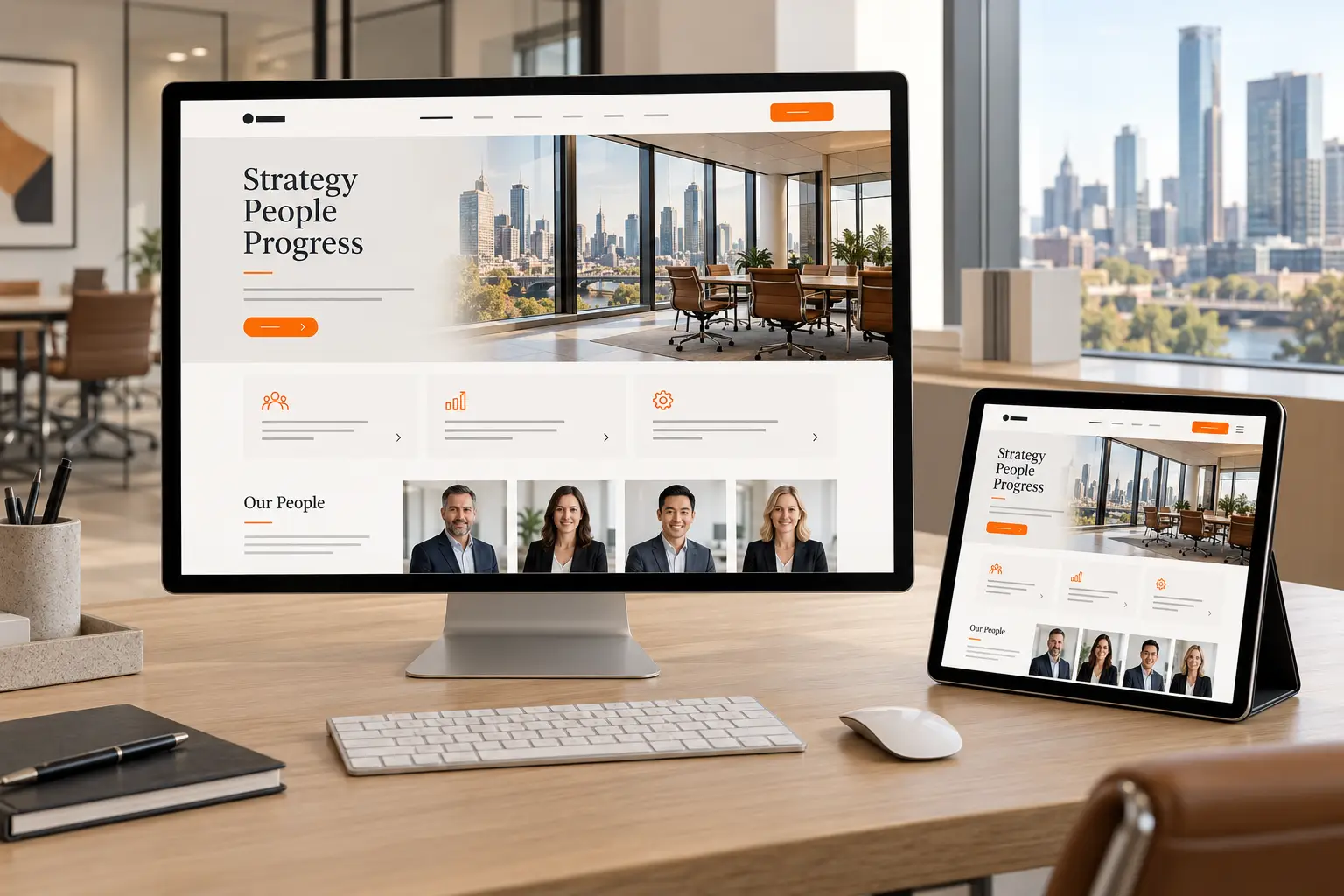 Business website concept with service cards and team profiles on a desktop monitor and tablet.