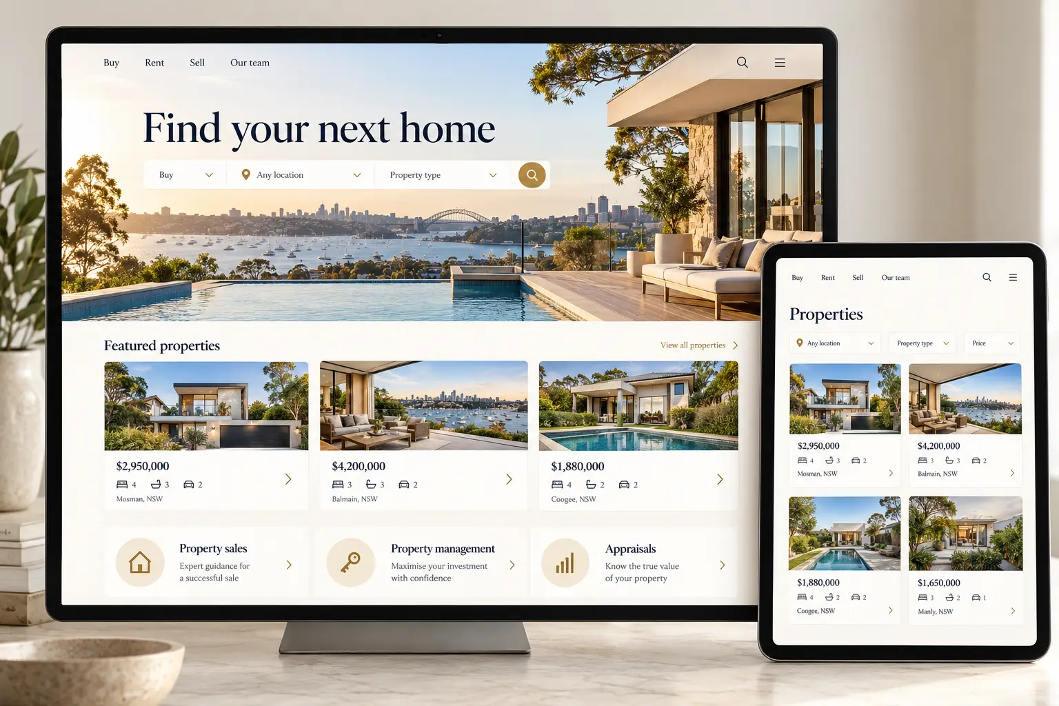 Custom real estate website design showing agency services and property listings