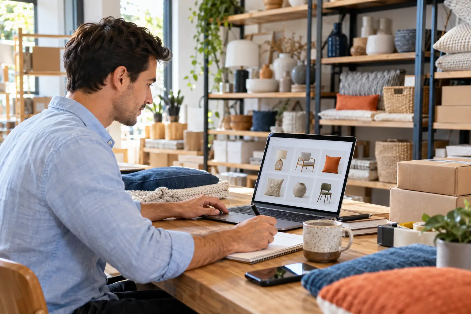 Retailer reviewing a homewares catalogue while planning eCommerce SEO Sydney