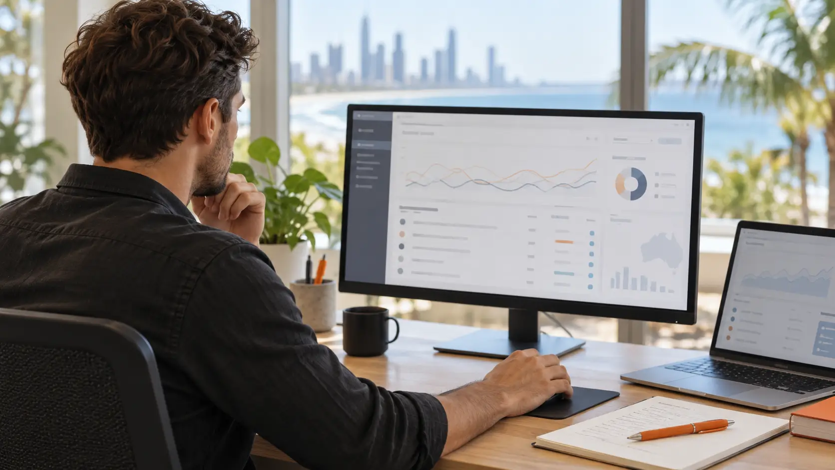 SEO analyst reviewing website performance dashboards on a desktop monitor