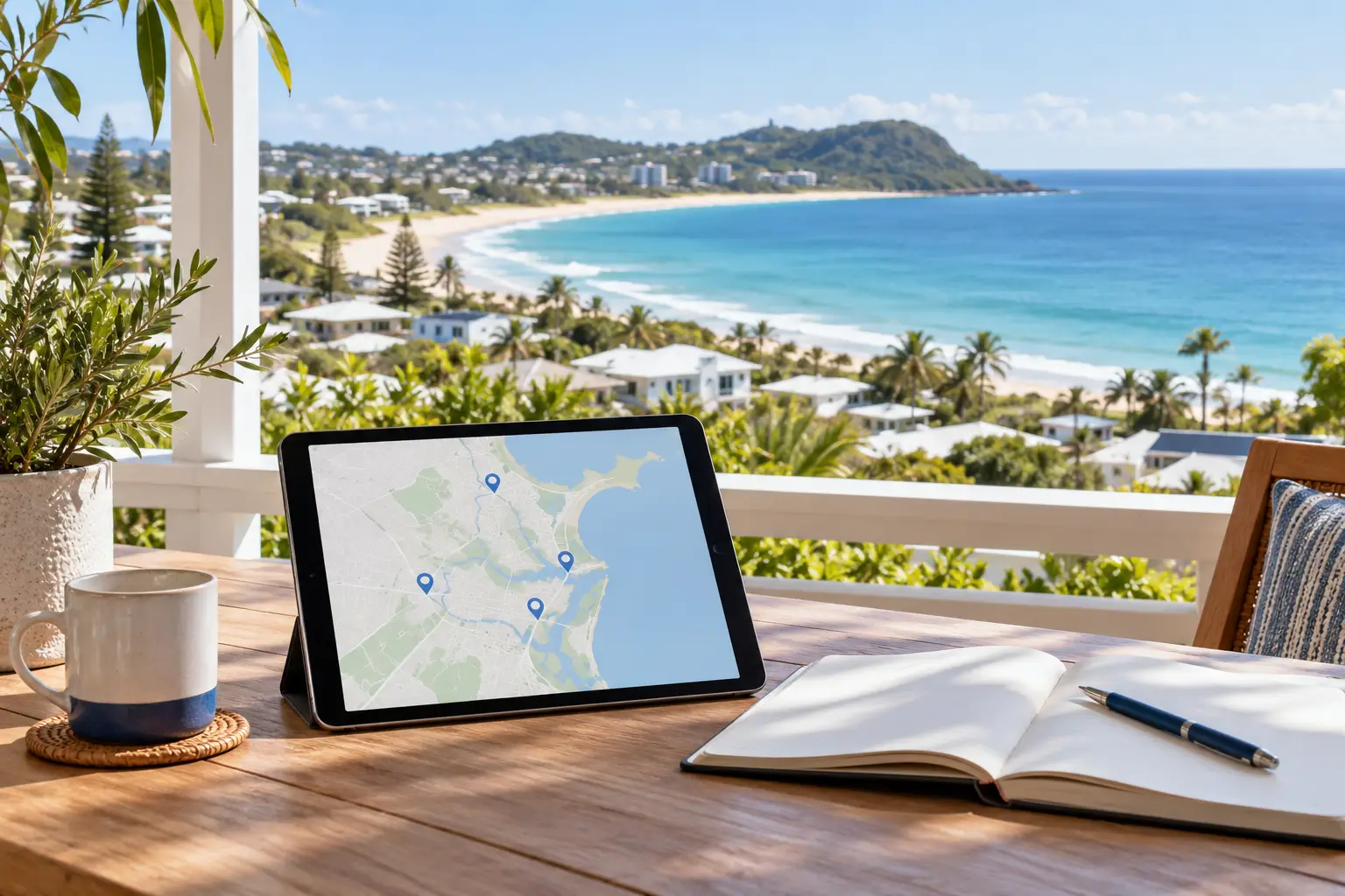 Tablet displaying location markers overlooking a coastal town, illustrating local SEO Sunshine Coast targeting