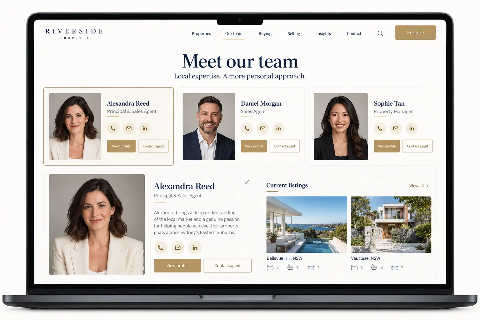 Real estate agent website design with team profiles and contact details