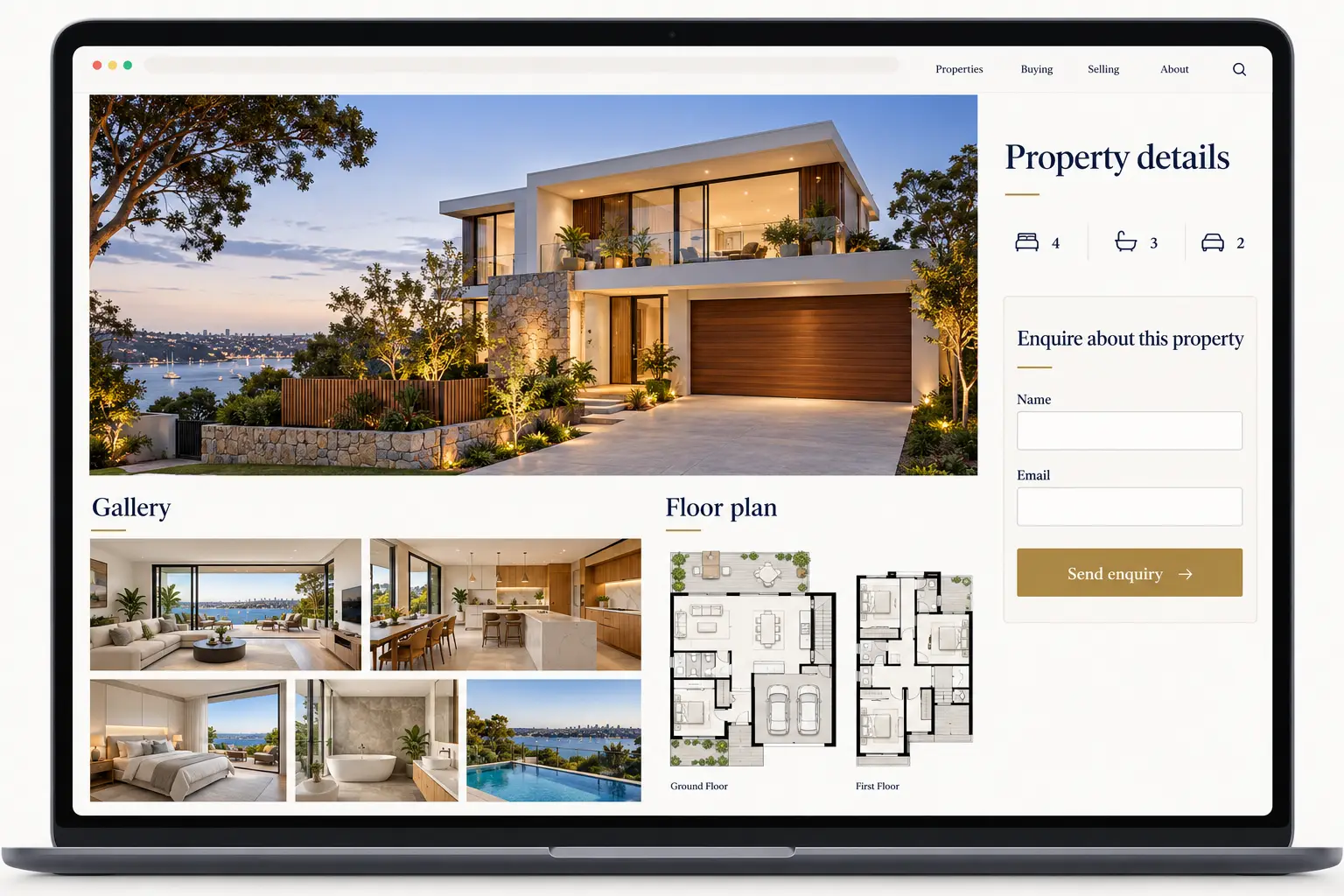 Real estate property listing page with photographs, floor plan and enquiry options