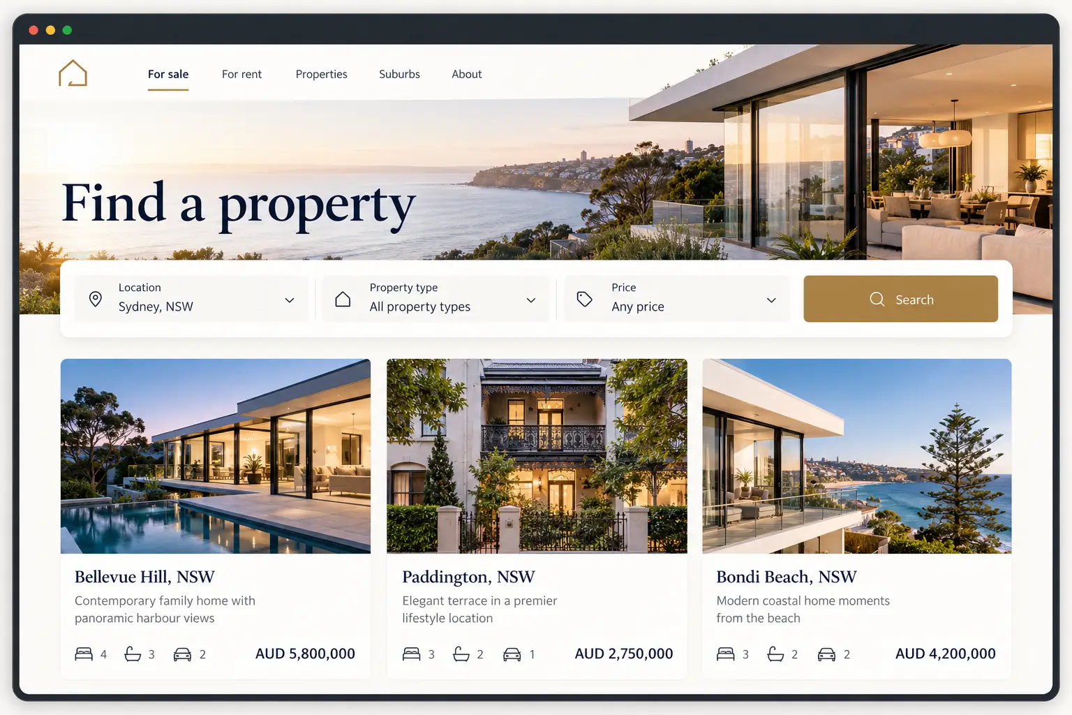 Real estate website design with property search and location filters