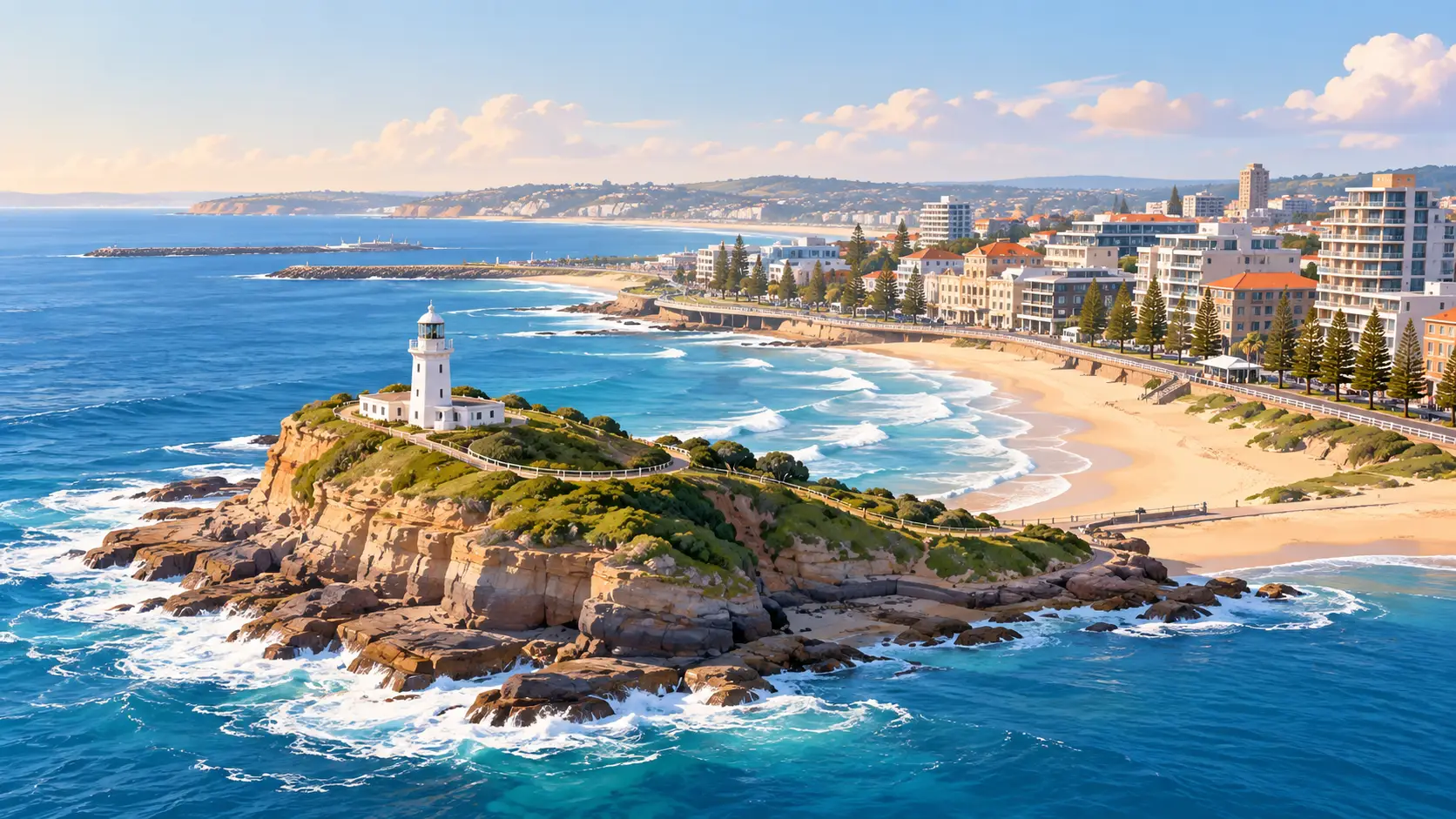 SEO agency Newcastle — coastal city illustration with a lighthouse and waterfront buildings