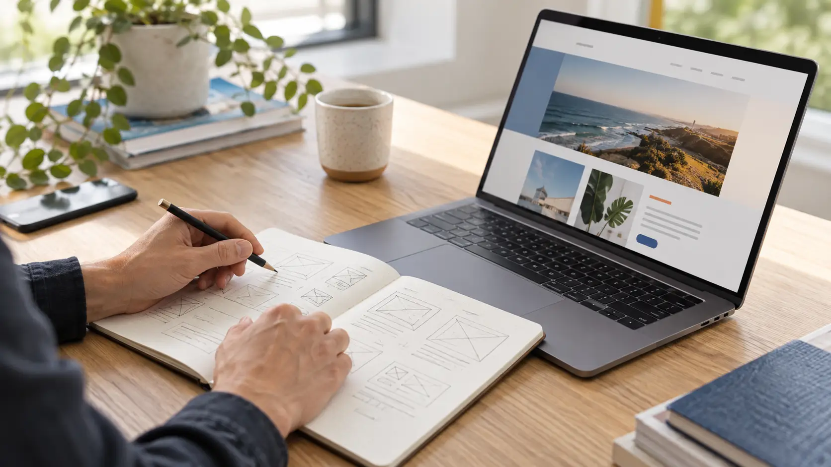 SEO services Newcastle — website planning with a laptop and page sketches