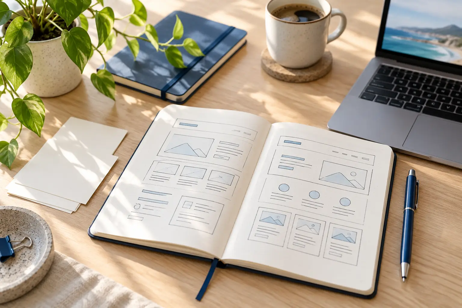 Notebook with website page sketches beside a laptop, illustrating content planning for SEO services Sunshine Coast