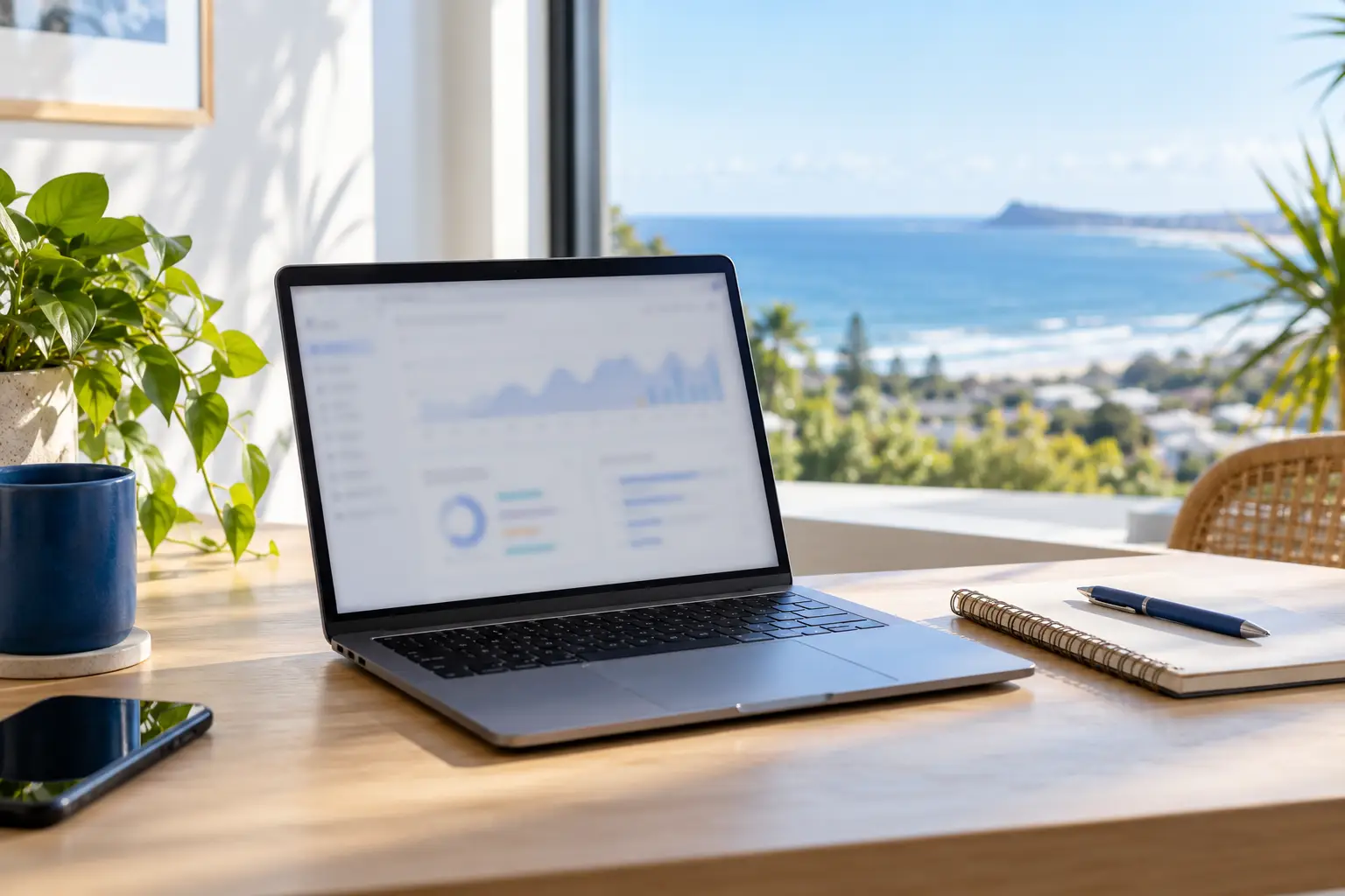 Laptop displaying search analytics beside a notebook, illustrating SEO Sunshine Coast campaign research