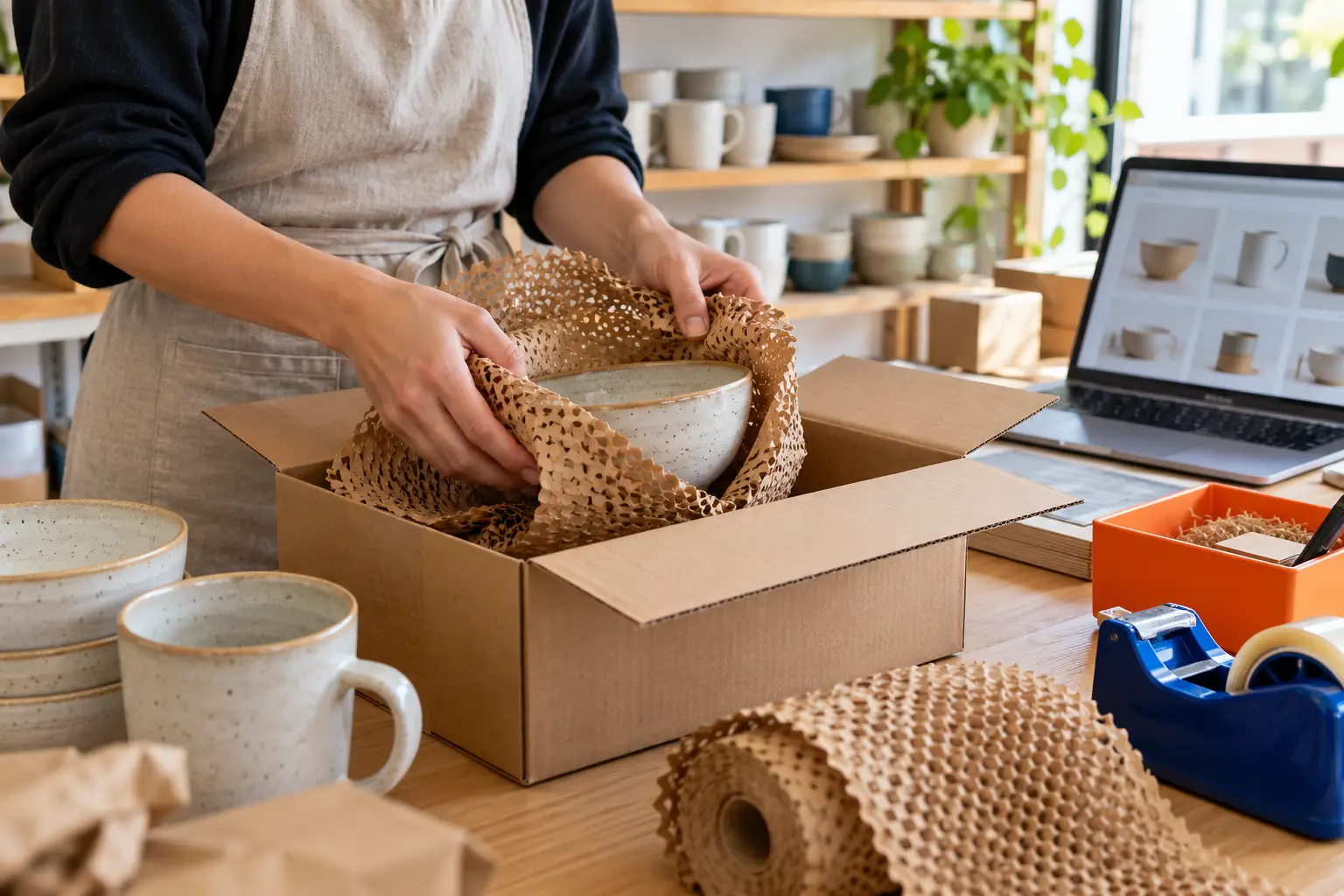 Online retailer wrapping a ceramic bowl for shipping beside a digital product catalogue