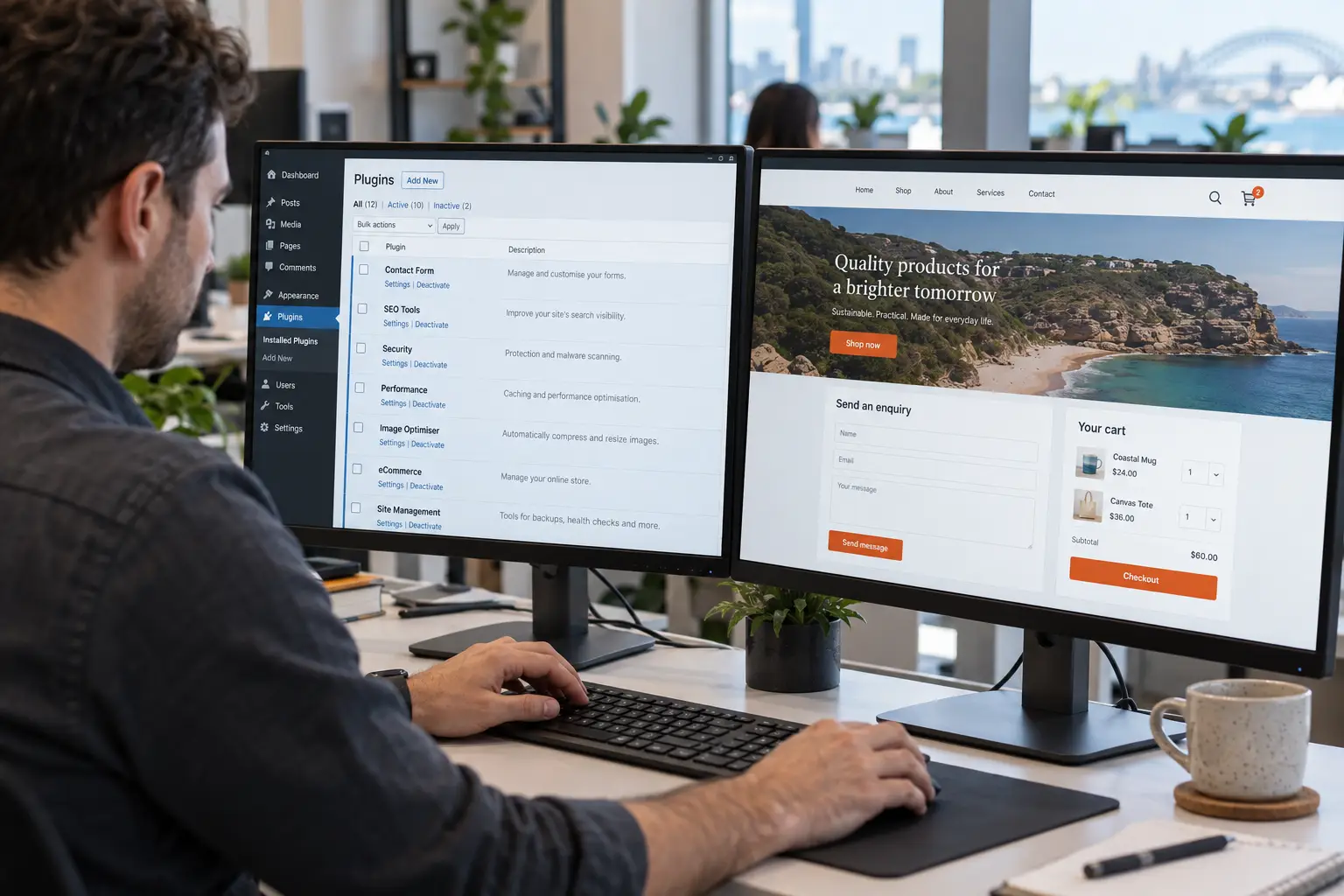 Illustration of WordPress website repair showing plugin troubleshooting, an enquiry form and checkout testing
